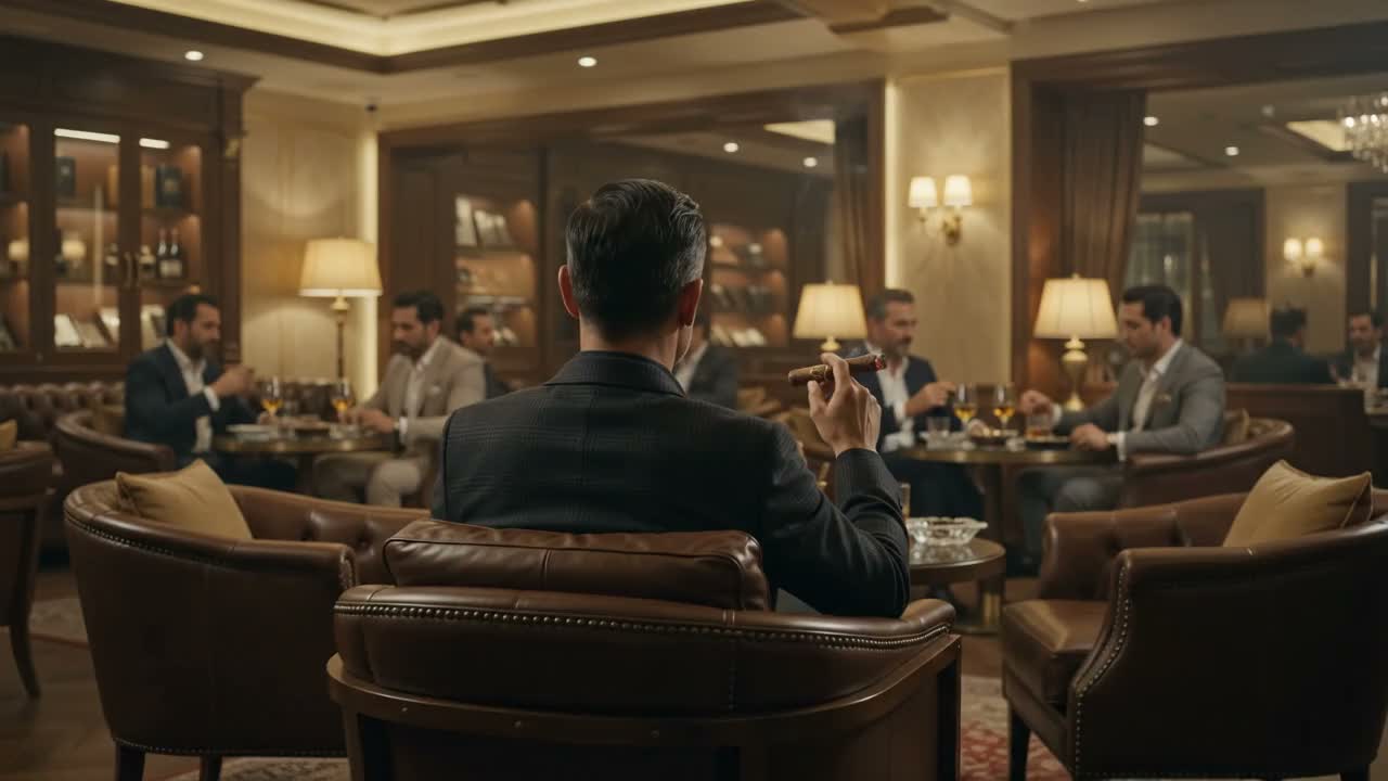 Members lounge with leather seating and a glowing cigar ember
